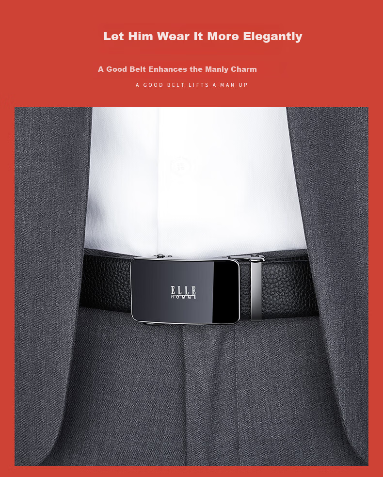 ELLE HOMME French Brand Men's Genuine Leather Belt Automatic Buckle Top Layer Cowhide Waist Belt Gift Box Birthday Gift for Boyfriend 10