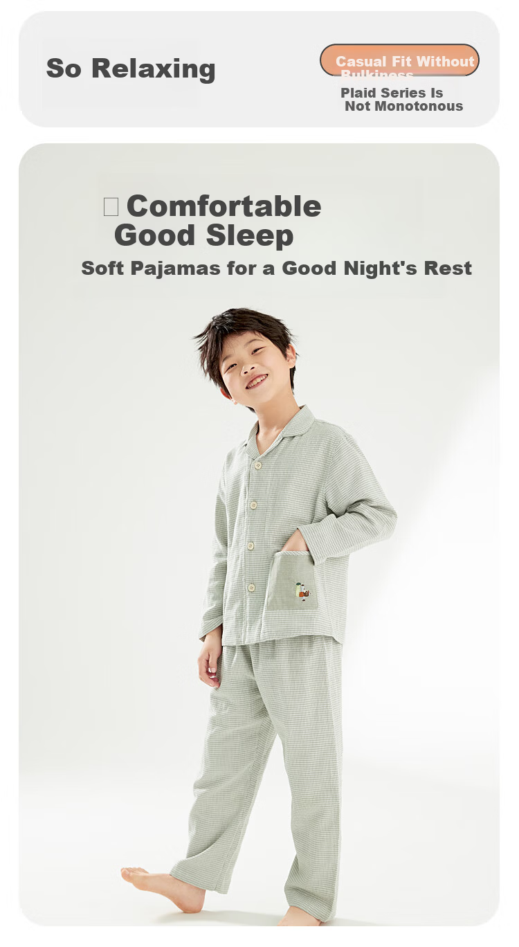 Hodohome Girls' Cotton Double-Layer Gauze Plaid Pajama Set, Long Sleeve Cardigan and Pants, Size 104-150, Pink 5