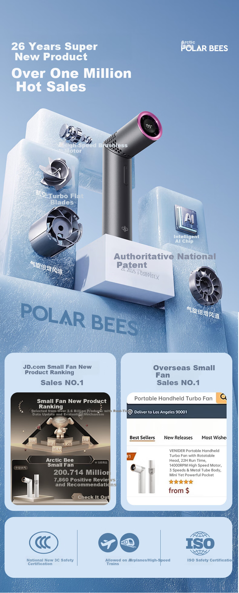 PolarBees High-Speed Handheld Mini Folding Neck Fan Long Battery Life Portable Desktop Cooling Fan Outdoor Office Student Gift for Birthday 520 3