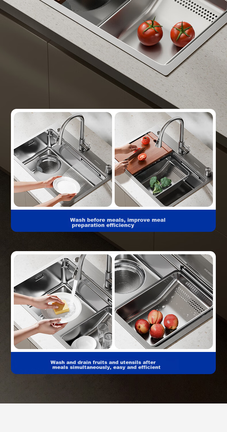HIGOLD Kitchen Sink Stepped 304 Stainless Steel Left Drain Large Single Bowl 770*440mm Undermount Sink 7