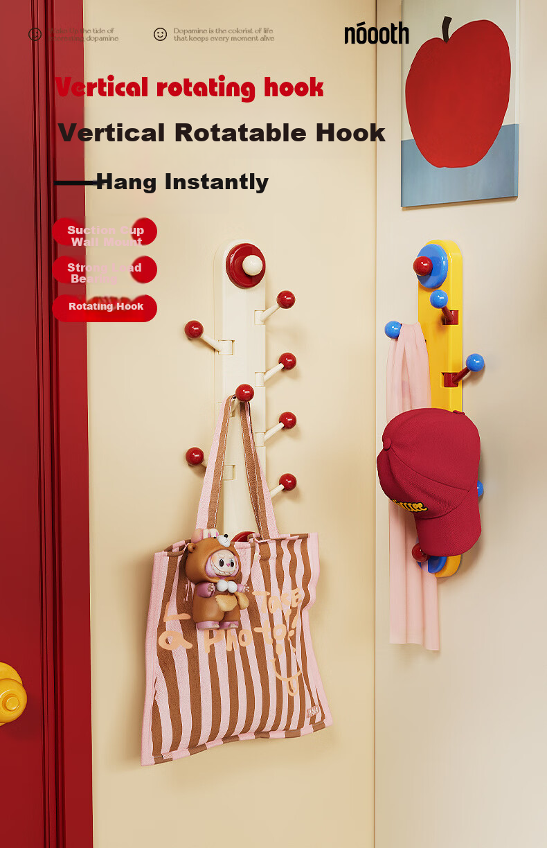 Noshi Vertical Rotatable Suction Cup Hook, No-Drill Strong Load-Bearing Kitchen Bathroom Door Hanging Clothes Adhesive Hook, Single Row 1