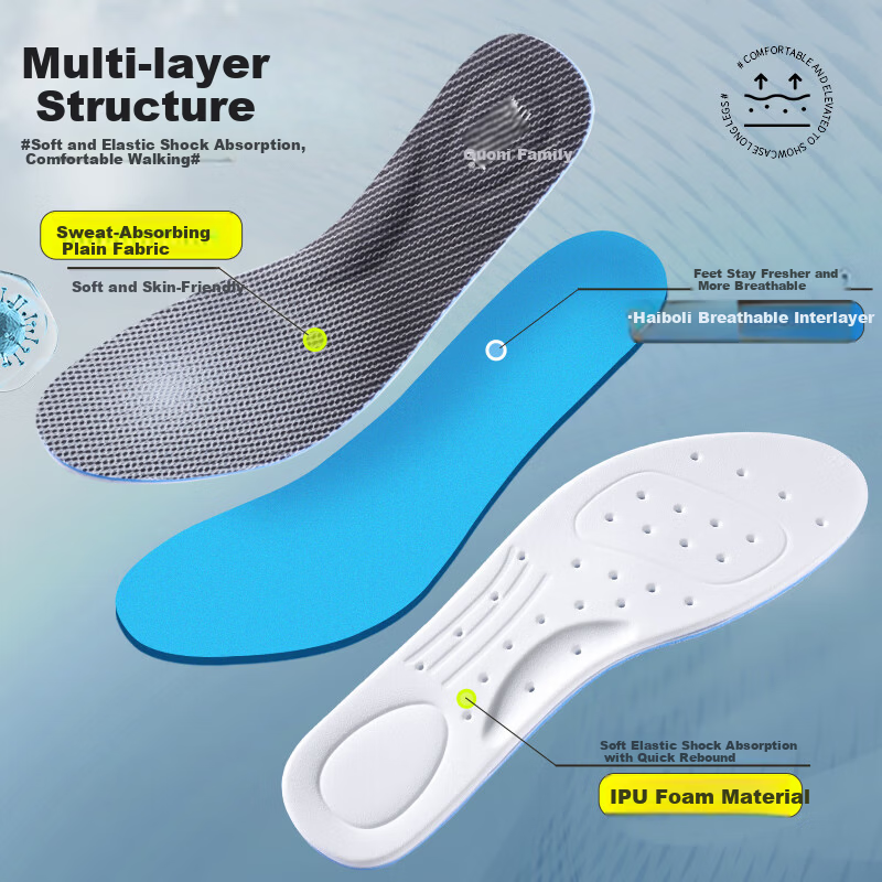 Bonnie Family 2 Pairs Antibacterial Insoles for Men, Odor-Resistant, Durable, Breathable, Sweat-Absorbing, Soft and Elastic, Shock-Absorbing Sports Insoles for Summer