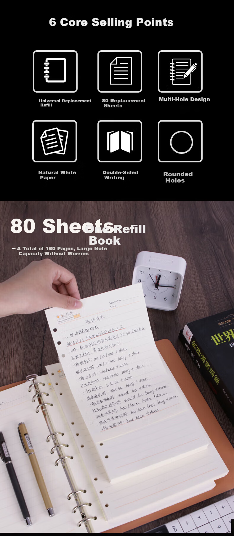 Youbili A5 6-Hole Refill Loose-Leaf Notebook Paper 80 Sheets/Pack Suitable for A5 Loose-Leaf Notebooks 100g Thickened Simple Ruled Paper 2