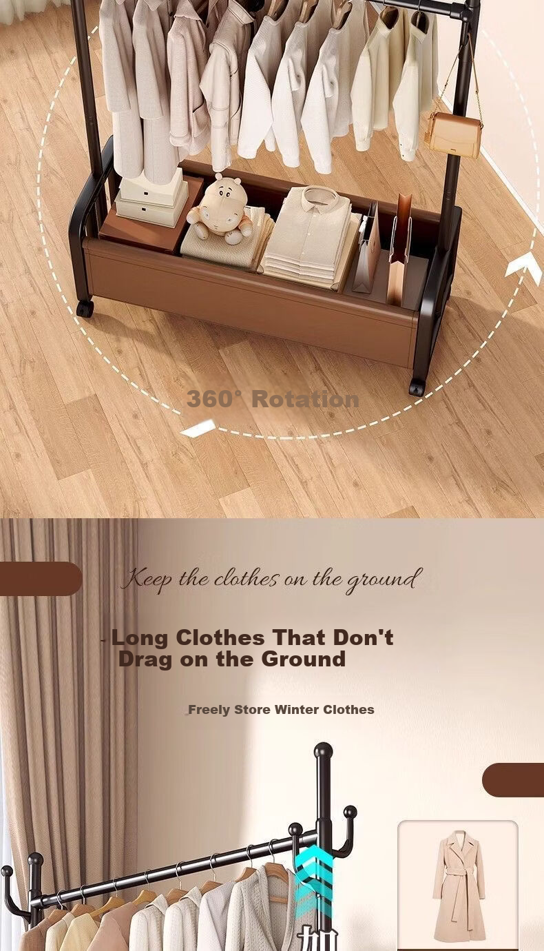 Hakkai Bird Floor Clothes Drying Rack Home Bedroom Garment Rack Mobile with Wheels Indoor Storage Coat Rack 7