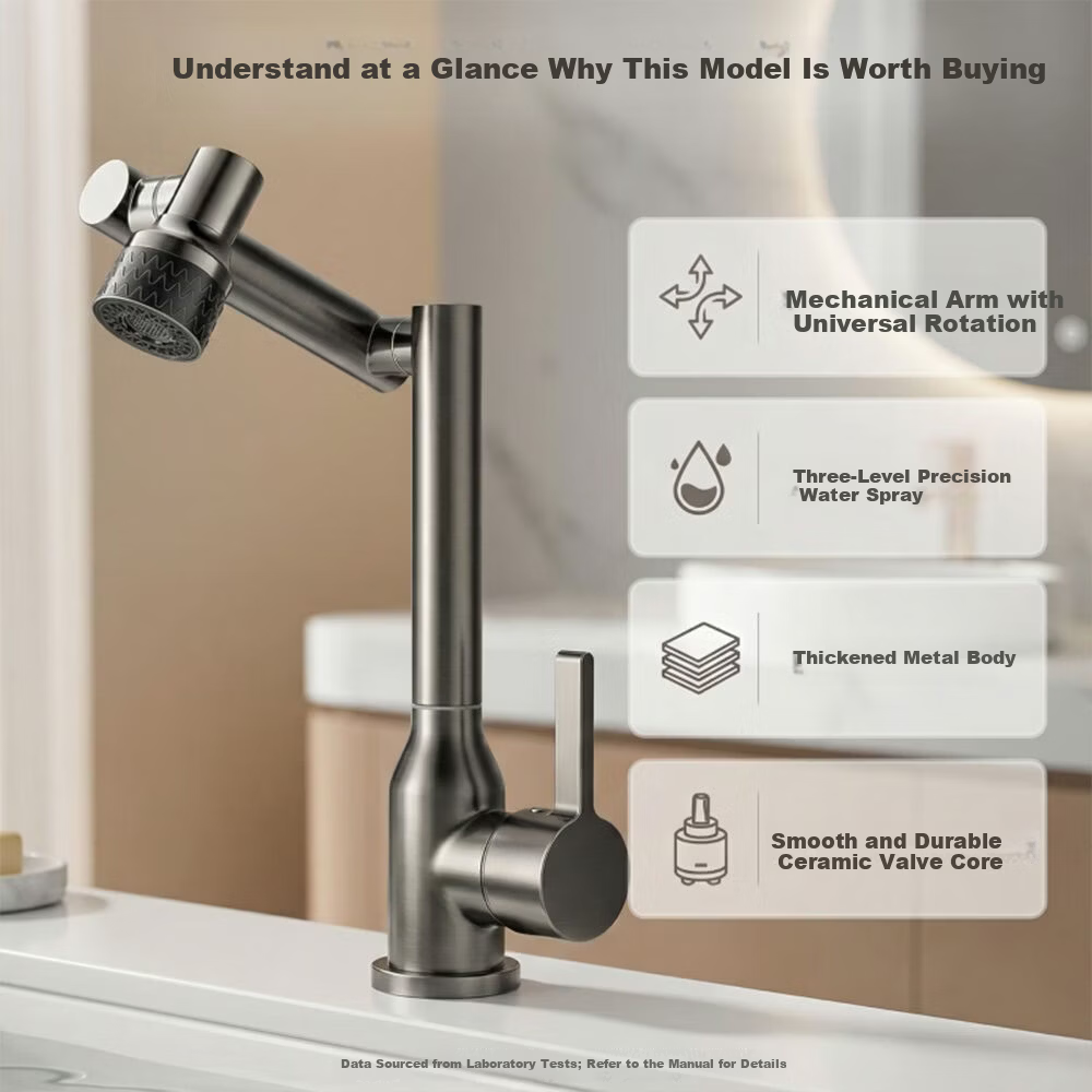 Baihan All-Copper Thickened Washbasin Faucet Bathroom Mechanical Arm Basin Universal Rotatable Hot and Cold Dual-Control Faucet