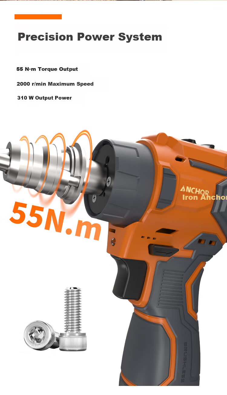 ANCHOR 16.8V Brushless Cordless Drill Lithium Electric Screwdriver DCE8 55Nm Dual Battery 2.0Ah Plastic Case 5