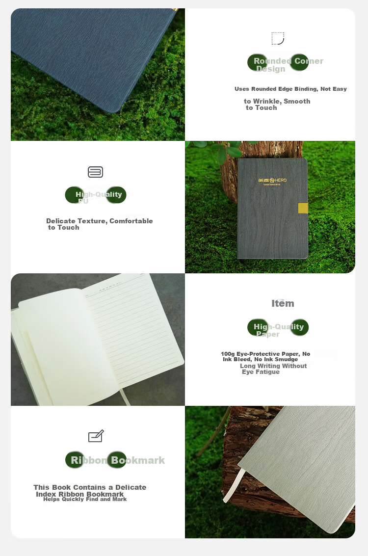 HERO New A5 Business Notebook Thickened Hard Cover Leather High-End Gift Meeting Office Stationery Lined Tearable Diary Journal Clip 7