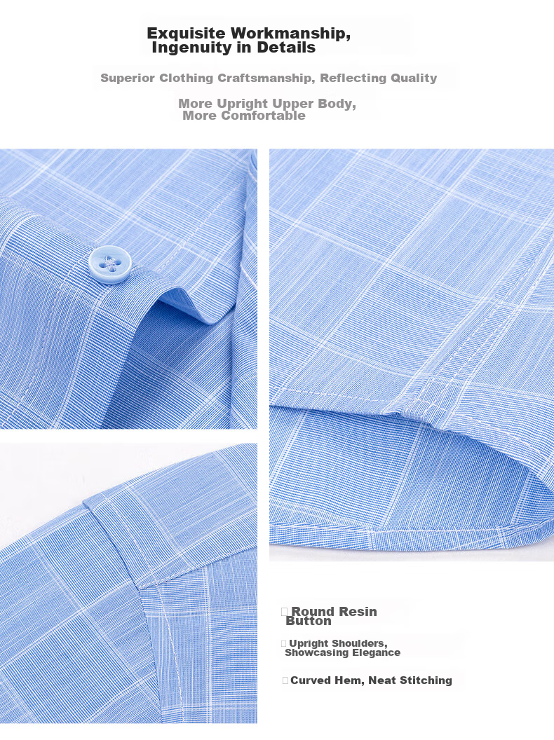 FIRS Short-Sleeve Plaid Shirt for Men, Casual Business Formal Wear for Middle-Aged Men, 2004 Blue Short-Sleeve, Size 38 7