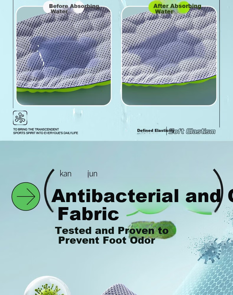 Footprint Tribe 10A Antibacterial Odor-Resistant Insoles for Men and Women, Sweat-Absorbing Breathable Deodorizing Summer Sports Soft Elastic Insoles, Size 37 14