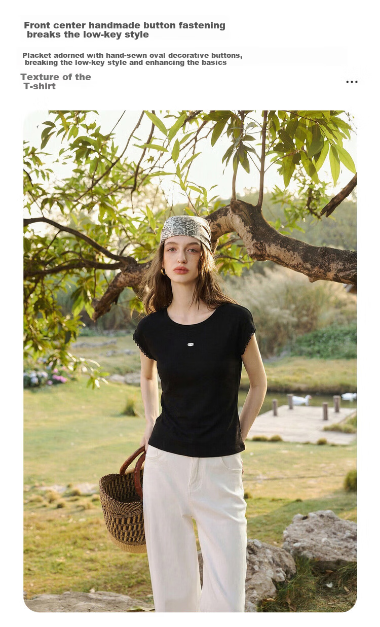 Olrain Eurier Simple Small Lace Sleeve Slim Fit Top Women New Summer Casual Short Sleeve T-Shirt Black XL 4