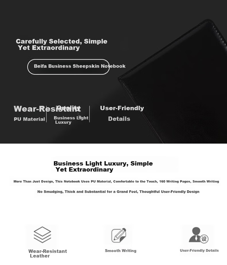 BEIFA Fashion PU Leather Business Notebook Soft Skin Thickened Diary Meeting Notes A5/100 Sheets Black [Back to School Essential] 1