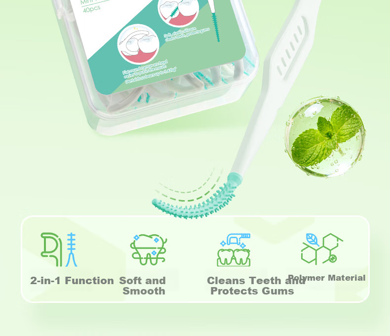 YANDY 2in1 Mint Gum Care Dental Floss Picks 40pcs Adaptive Silicone Interdental Brushes Teeth Cleaning Picks 3