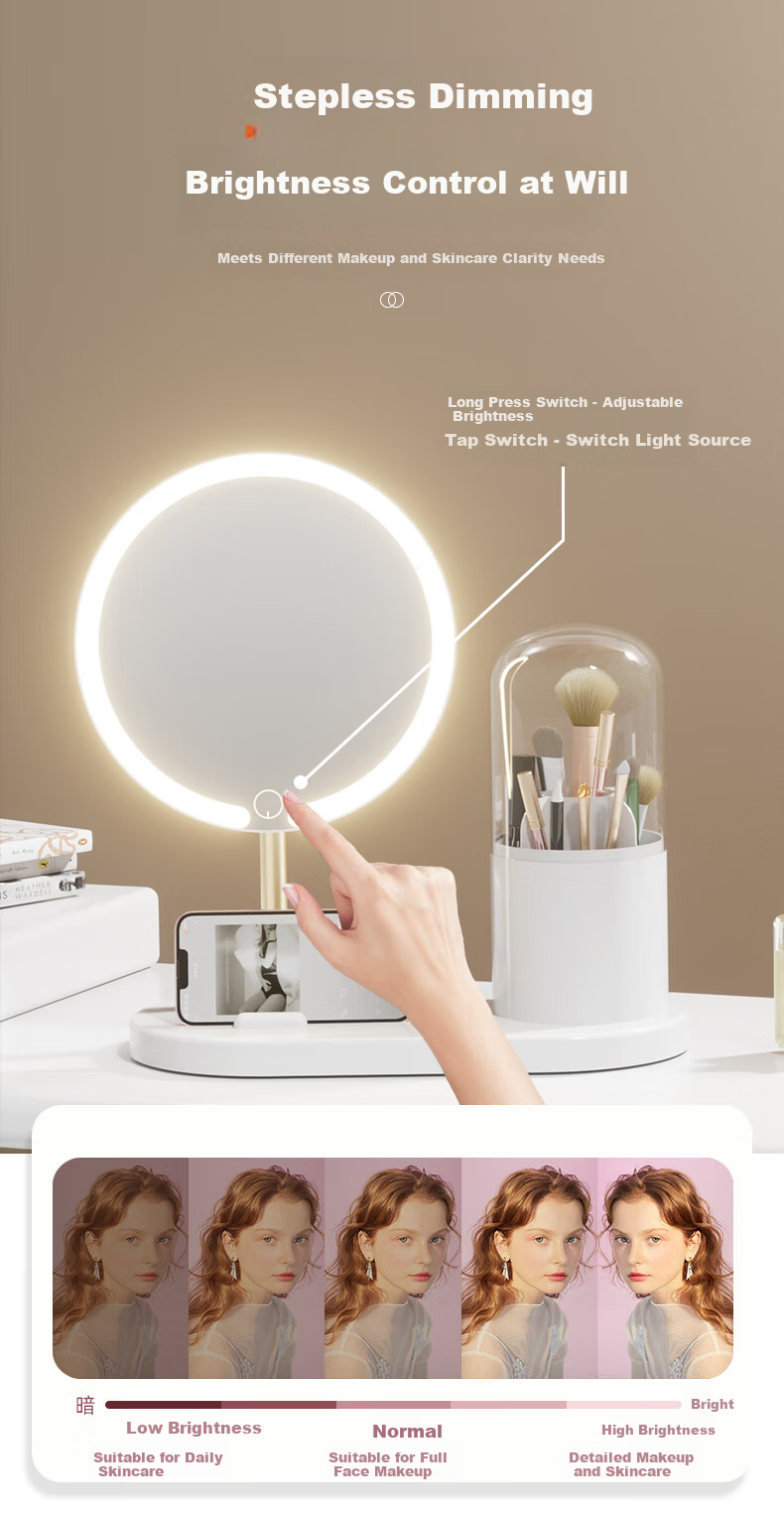 Meebordi LED Lighted Makeup Mirror Desktop Vanity Mirror with Phone Holder and Brush Holder Upgraded Version Birthday Gift 2