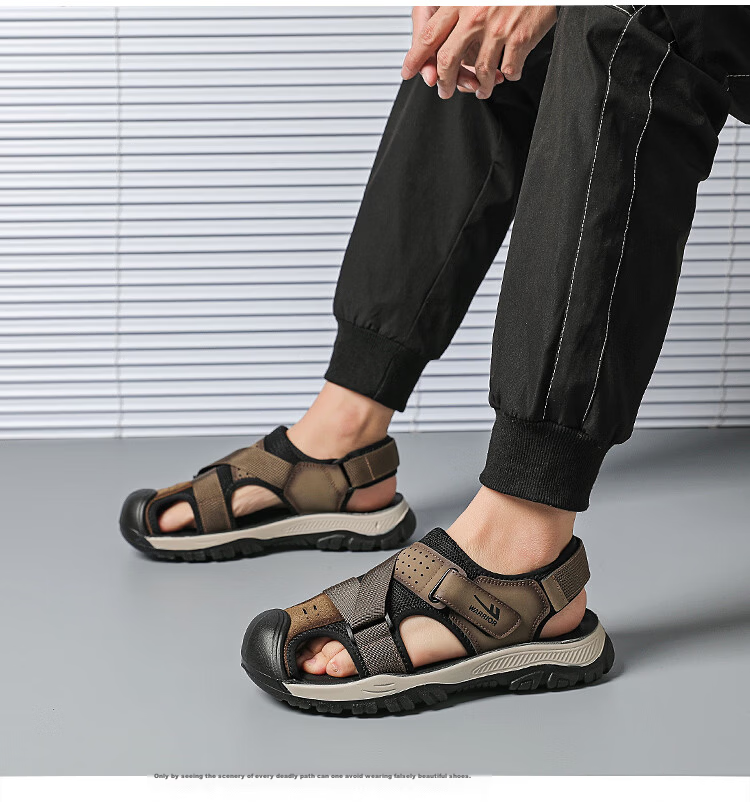 Warrior Men's Summer Breathable Sandals Closed-Toe Beach Commuter Shoes WSL(WZ)-1755 Khaki Black Size 39 10