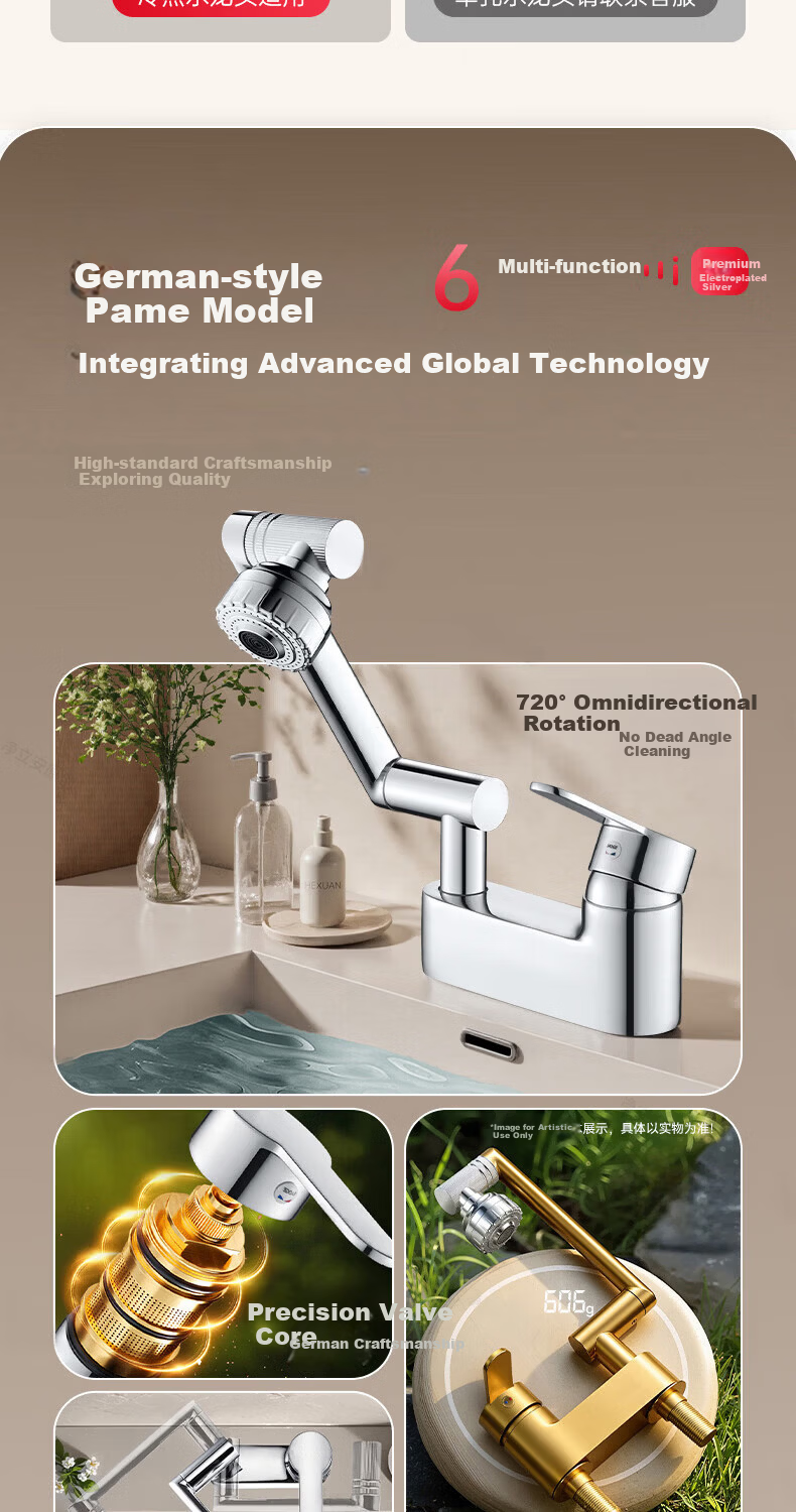 Baihan Wash Basin with Two-Speed Rotatable Faucet, 2-in-1 Hot and Cold Water Three-Hole Universal Vanity Sink Faucet 3