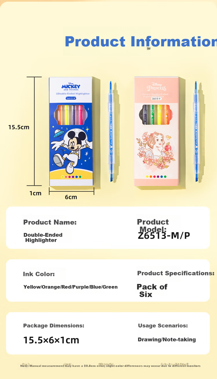 Disney Double-Ended Highlighter Pens 6 Colors Mickey Stationery for Elementary Students Exam Review Colorful Markers 8