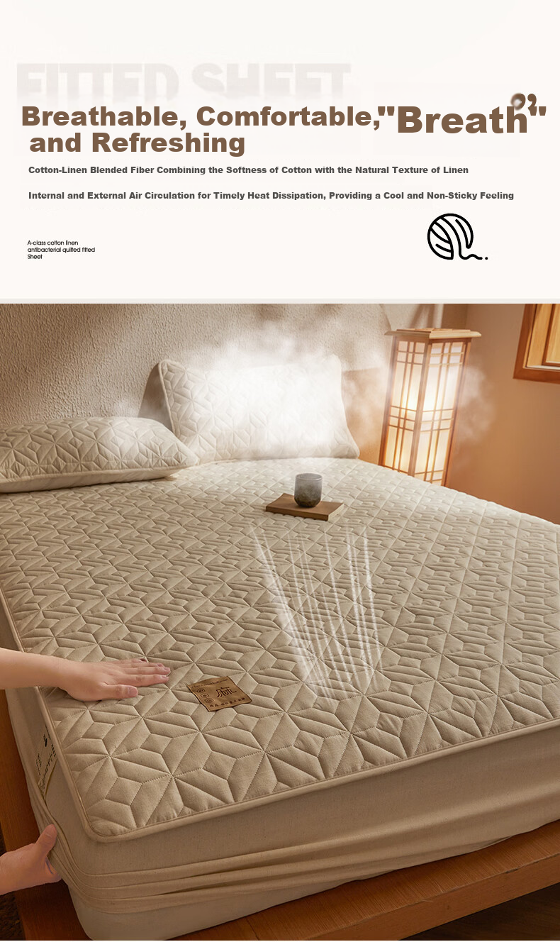 MUJI Class A Pure Cotton Linen Thickened Quilted Fitted Sheet Single Dustproof Protective Non-Slip Full Coverage 180*200cm 5