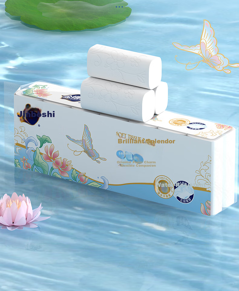 Jinboshi Huacai Jinxiu Coreless Wet-Resistant 5-Ply 800g/14 Rolls Thickened Wood Pulp Toilet Paper Household Bathroom Tissue 10