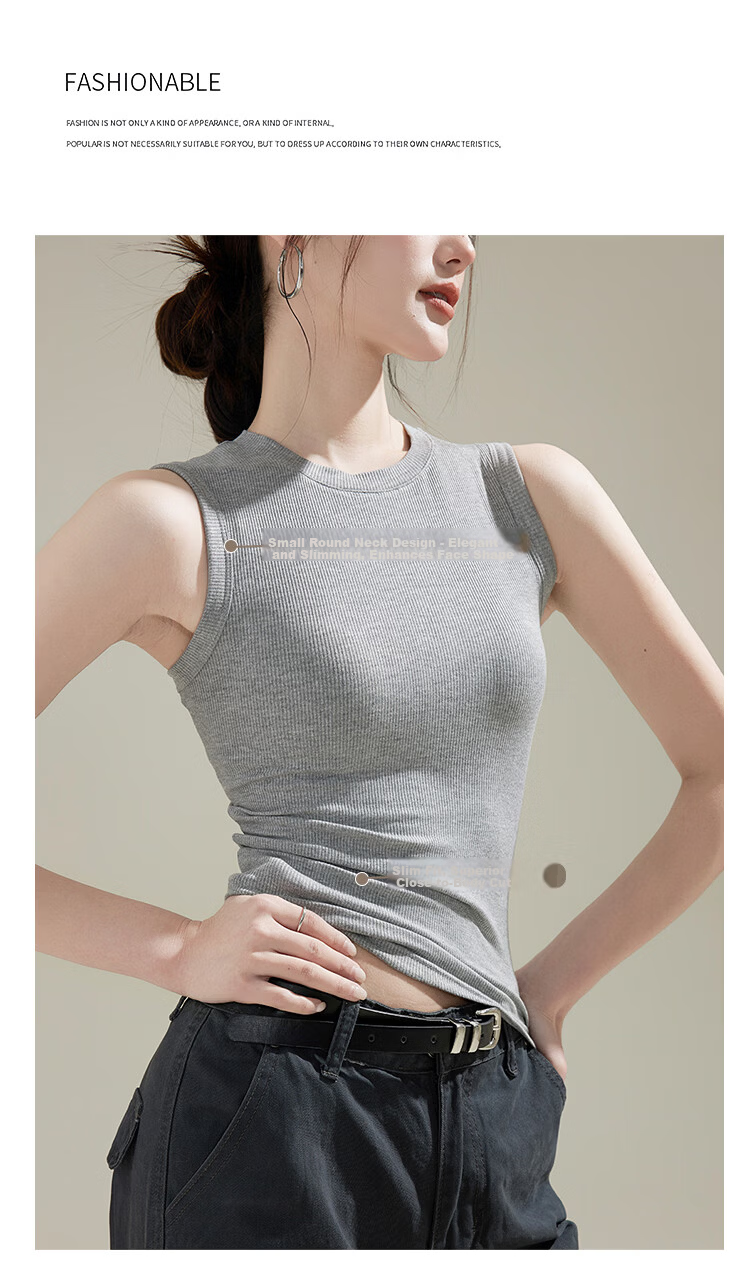 Langsha Women's New Slim Fit Ribbed High Neck Sleeveless Top Korean Style Fashionable Gray 8