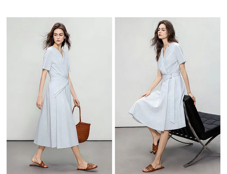 Demana Lightweight Cloud Oxygen Cotton Summer Simple Commuter V-Neck Striped Waist Belt Tie Waist A-Line Women's Dress 11