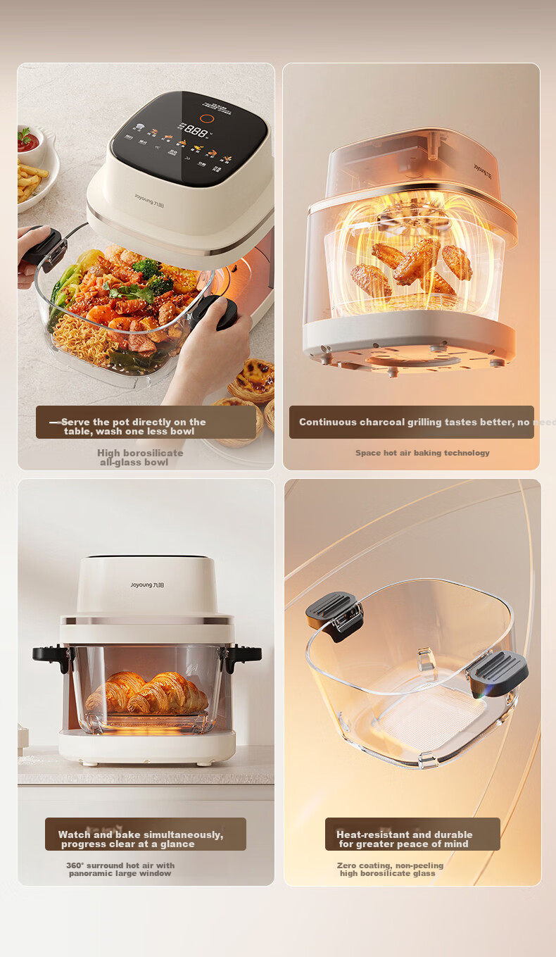 Joyoung Air Fryer, 2026 New Space Capsule Design, All-Glass, Zero Coating, Stainless Steel, Visible Touchscreen, No Flipping Required, 5.8L Capacity, Multi-Functional Home Use [Same Model As Used in Food Competitions] 5