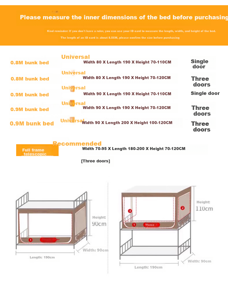 CottonFaith Dustproof Mosquito Net Frame for High School Dormitory, No Installation, High Stretch, Three-Door, 0.9m Bunk Bed Universal 6