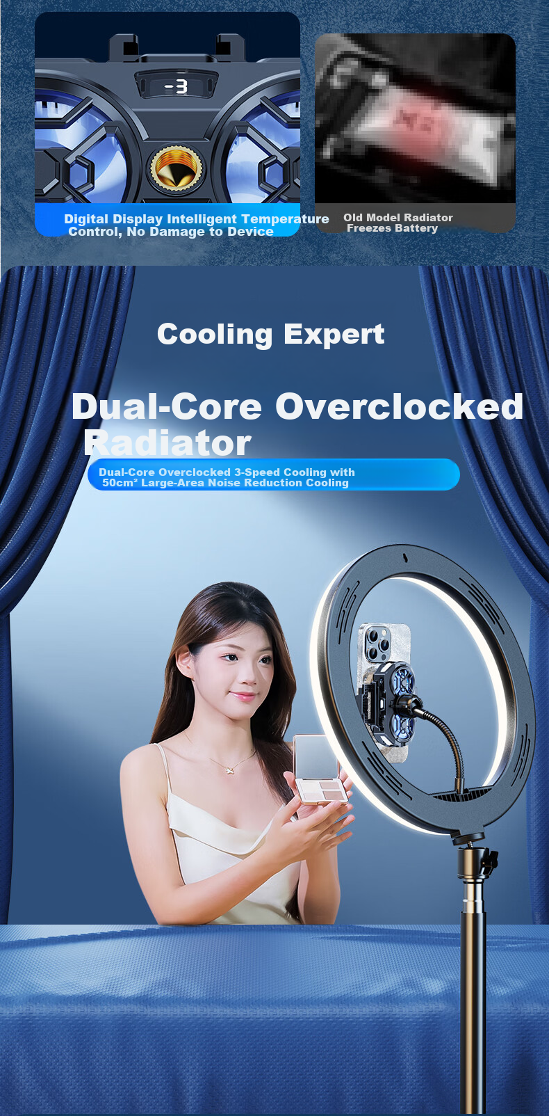 JIAHUACAI Dual-Core Cooling Mobile Phone Cooler Live Streaming Gaming Semiconductor Cooling Clip Silent Fan Ice-Sealed Gaming King PUBG Tool 5
