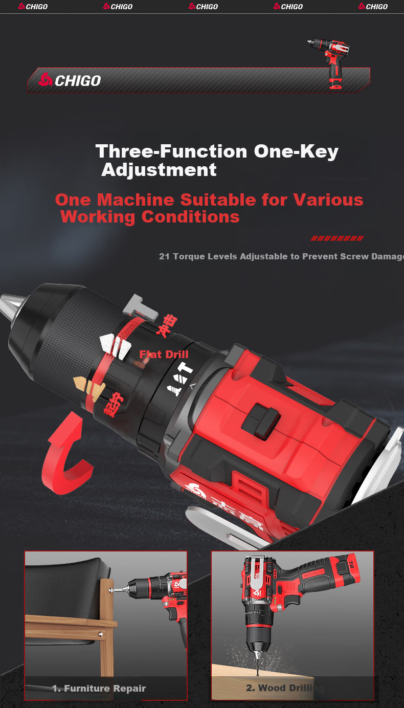 CHIGO 18V Brushless Hammer Drill Compact Cordless Electric Screwdriver Multi-Function Impact Drill 6
