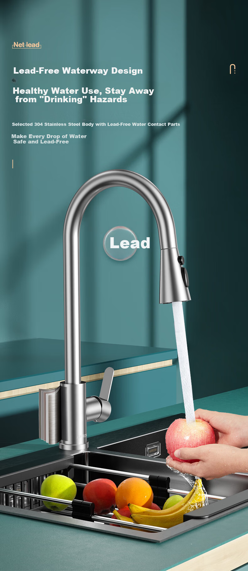 ARROW HS Kitchen Faucet Dual Control Hot and Cold Three-Function Pull-Out 304 Stainless Steel Sink Washing Basin Faucet 4