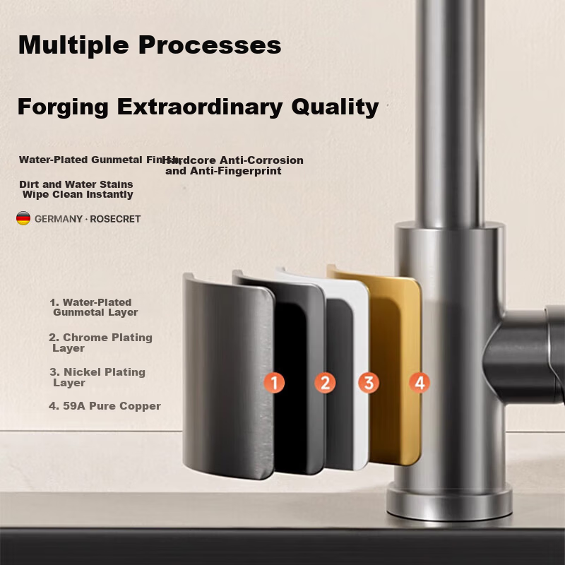 Rosecret [Seiko] All-Copper Kitchen Faucet with Hot and Cold Dual Temperature, Three-Function Pull-Out Spray Sink Faucet