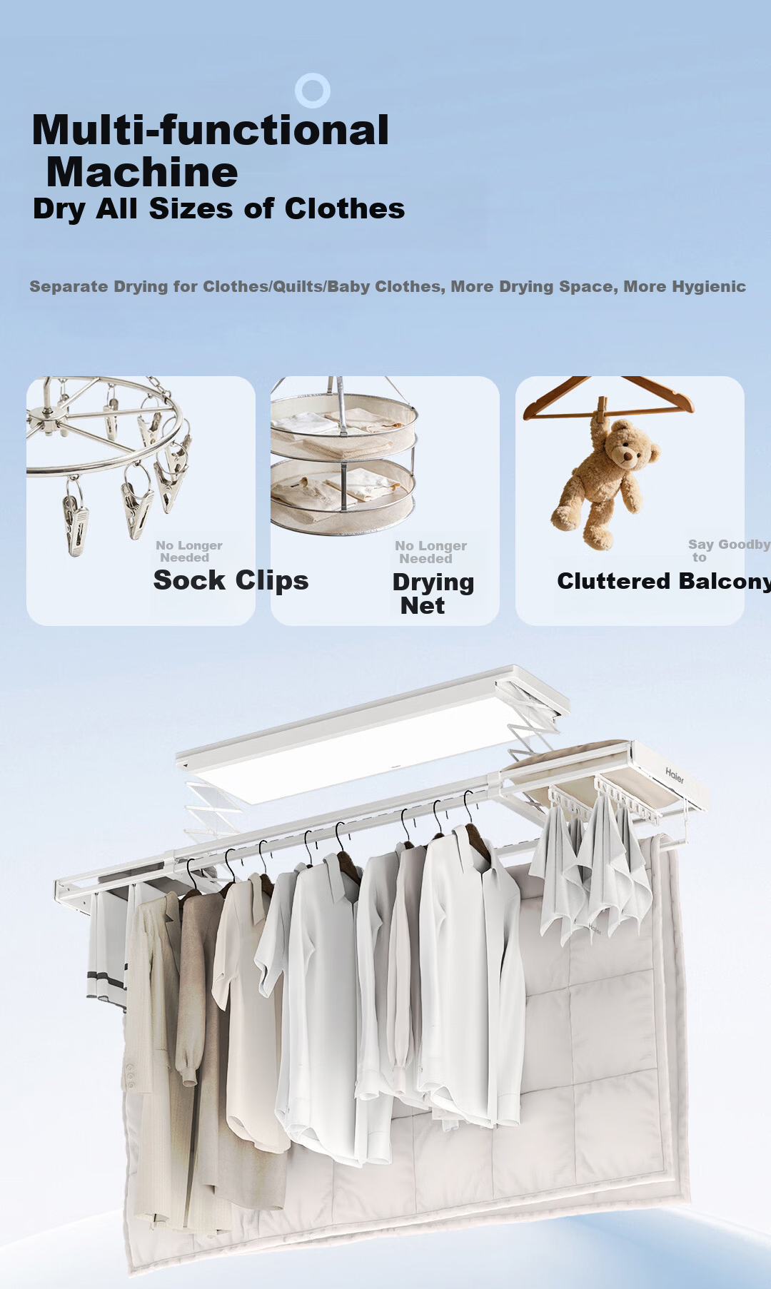 Haier Electric Clothes Drying Rack Smart Invisible Fully Automatic Lifting Balcony Clothes Dryer Wireless Remote Control Drying Rod 10