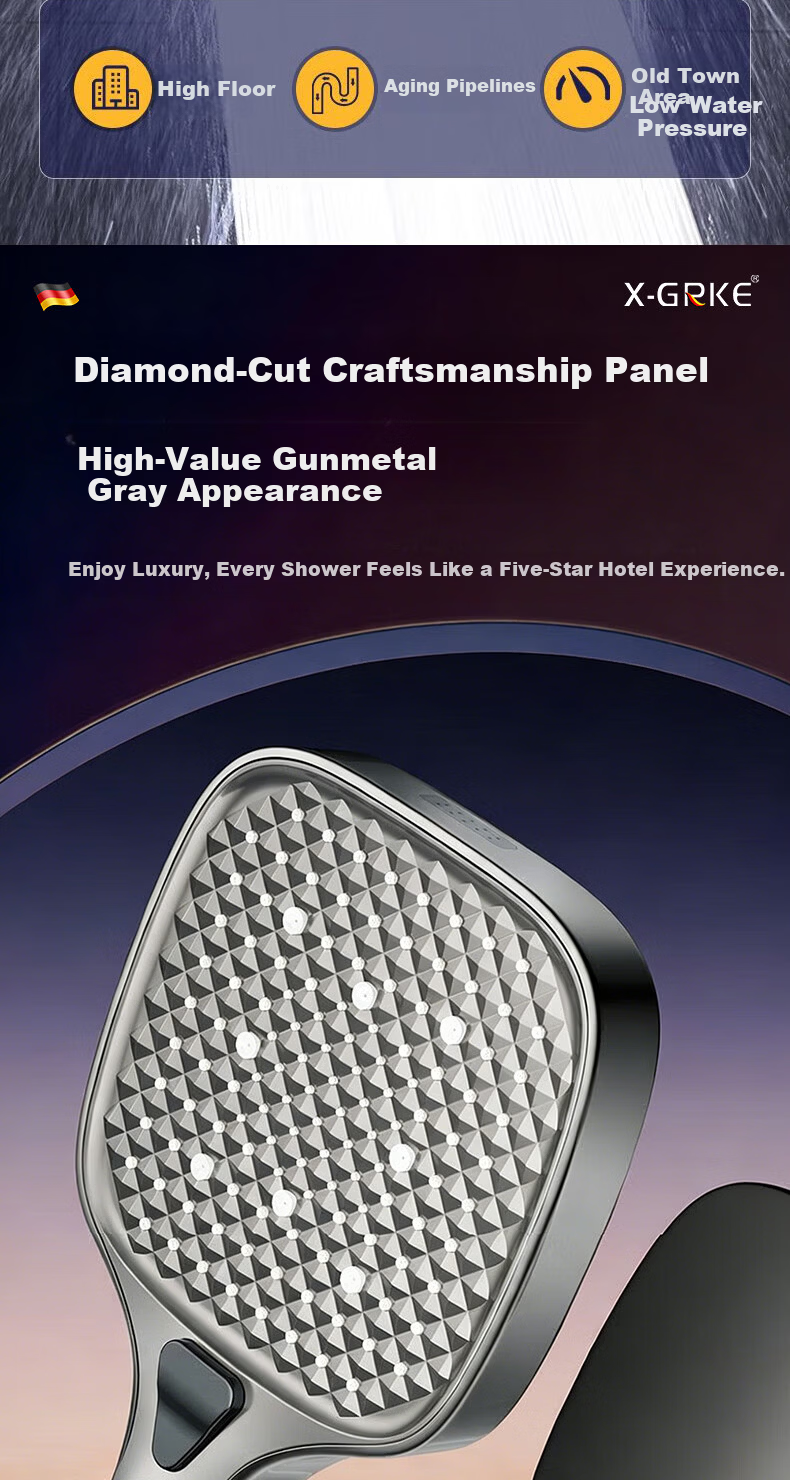 X-GRKE [Germany] Large Panel High-Pressure Shower Head Set with Hose, Powerful Water Flow 10