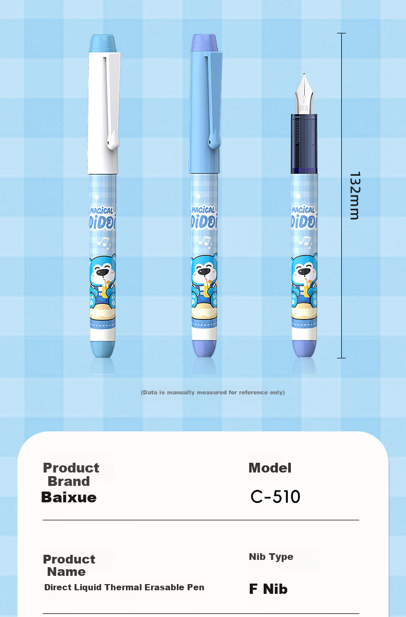 Snowhite Erasable Liquid Ink Fountain Pen for Elementary Students Grades 3-6, No Cartridge Replacement, Built-in Ink Conditioner, High Aesthetic, Large Capacity, Student Practice Pen C510, Ink Blue, P 18