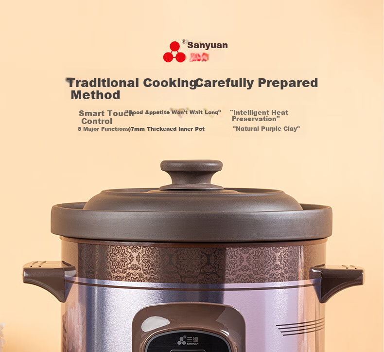 SANYUAN Electric Slow Cooker Clay Pot Soup Pot Large Capacity Fully Automatic 8L Electric Stew Pot Timer Reservation Purple Clay Soup Pot Household Porridge Cooker Health Pot Electric Clay Pot XYDTG80 1