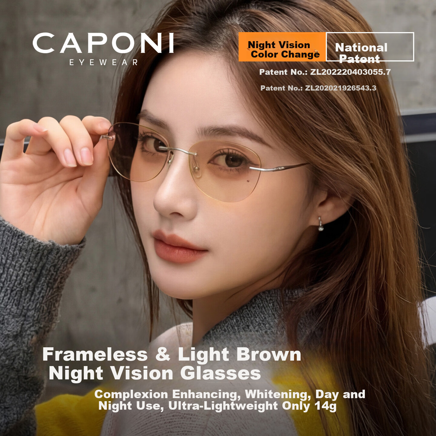 CAPONI Frameless Titanium Night Vision Sunglasses Women Photochromic Day and Night Dual-Use UV Protection Driving Sunglasses for Men