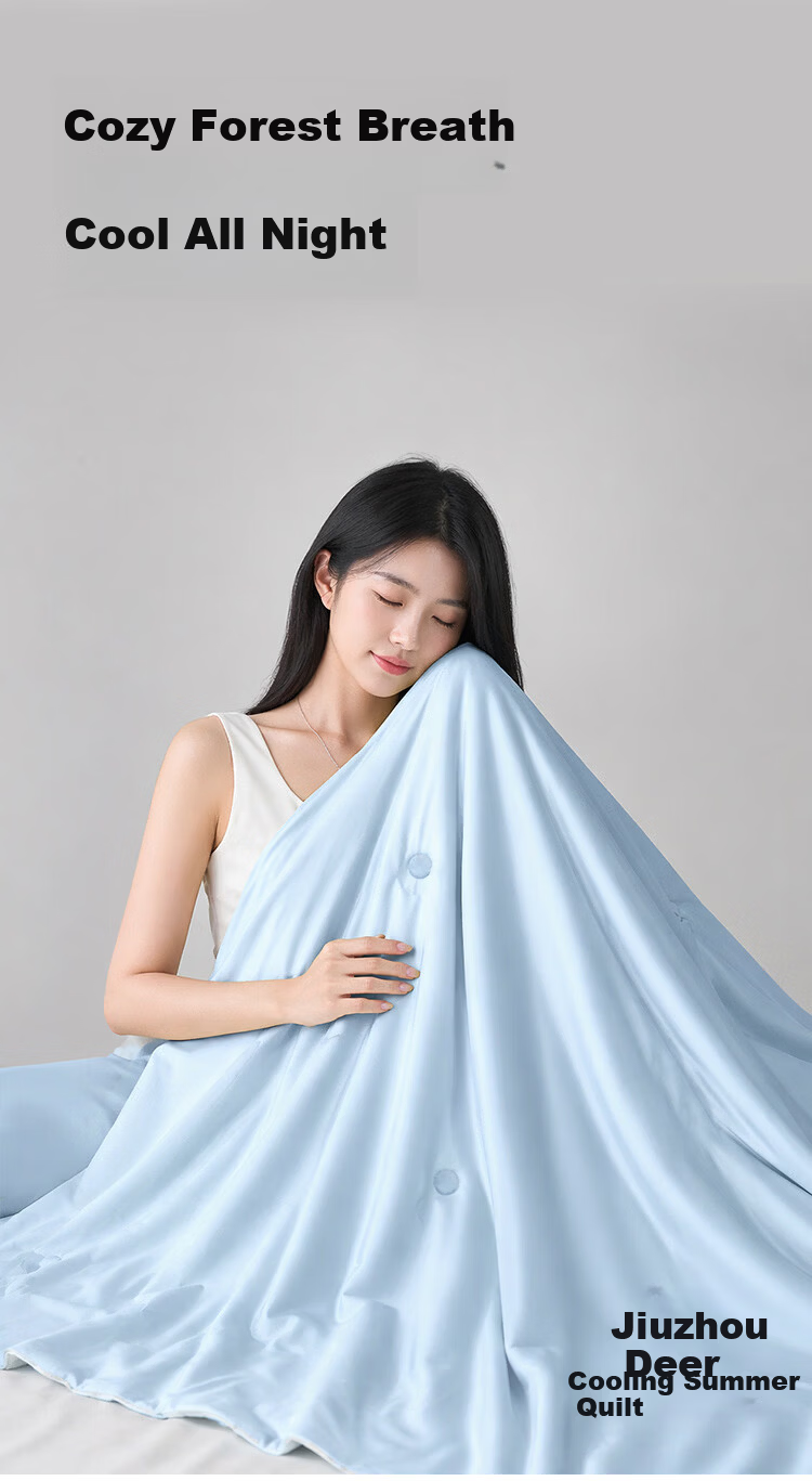 Jiuzhoulu Cooling Antibacterial Ice Silk Summer Quilt A-Class Double Machine Washable Thin Air-Conditioned Blanket Blue Gray Patchwork 1