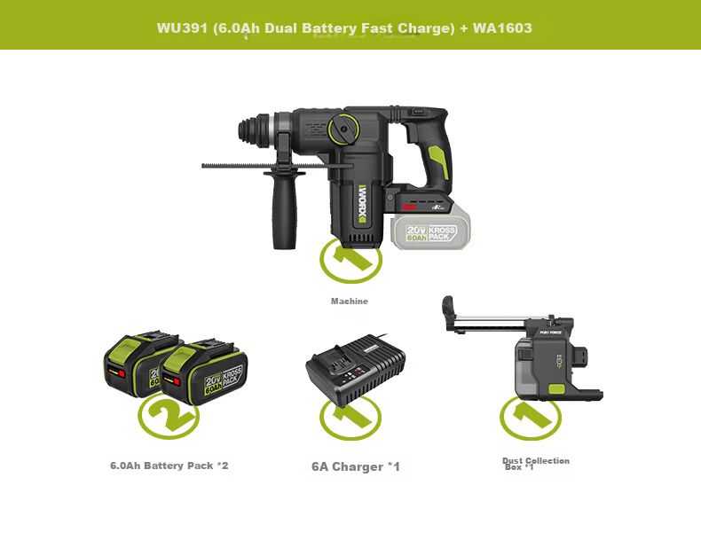 WORX 20V Cordless Lithium Battery Hammer Drill WU391.9 (Bare Tool) Rechargeable Impact Drill Concrete Electric Tool 24