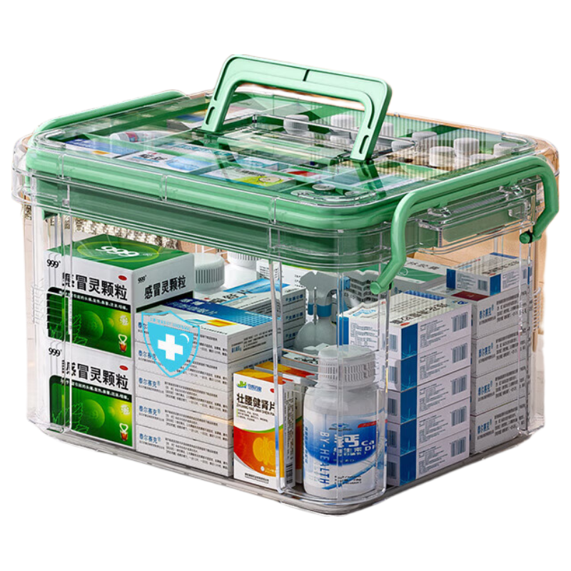 EACHY Medicine Box, Household First Aid Kit, Transparent Plastic Storage Box, Green, Large Size, Two Layers