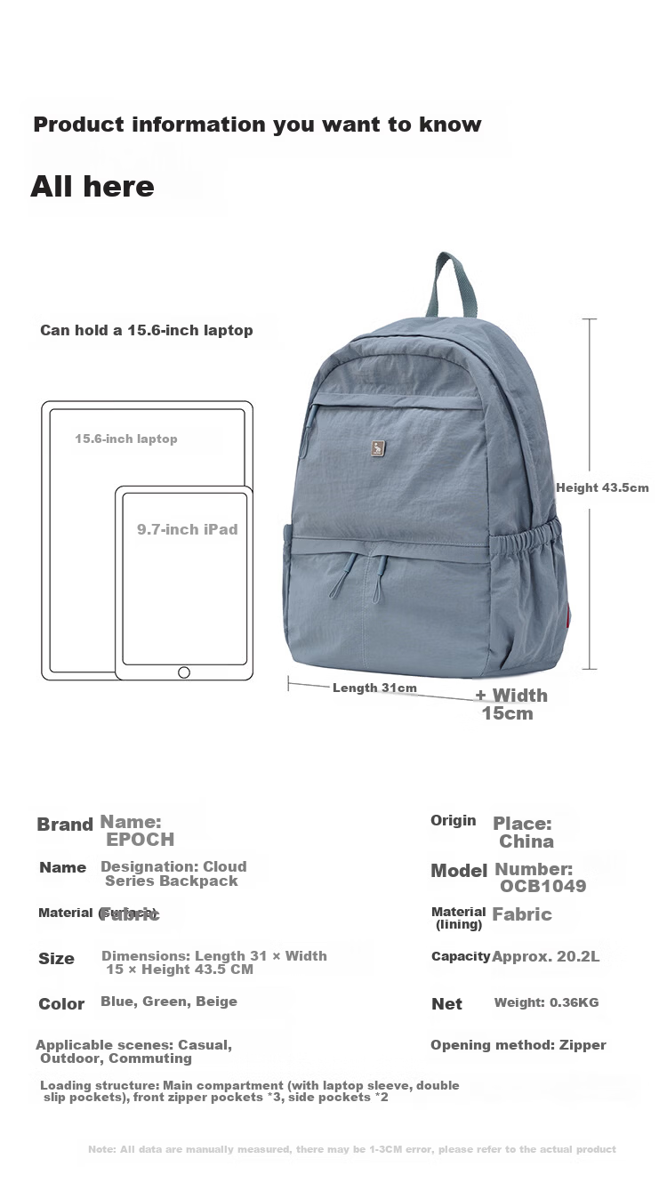 OIWAS Casual Backpack Simple Fashion Large Capacity Student School Bag Sports Bag Men Commuter Bag Blue 10