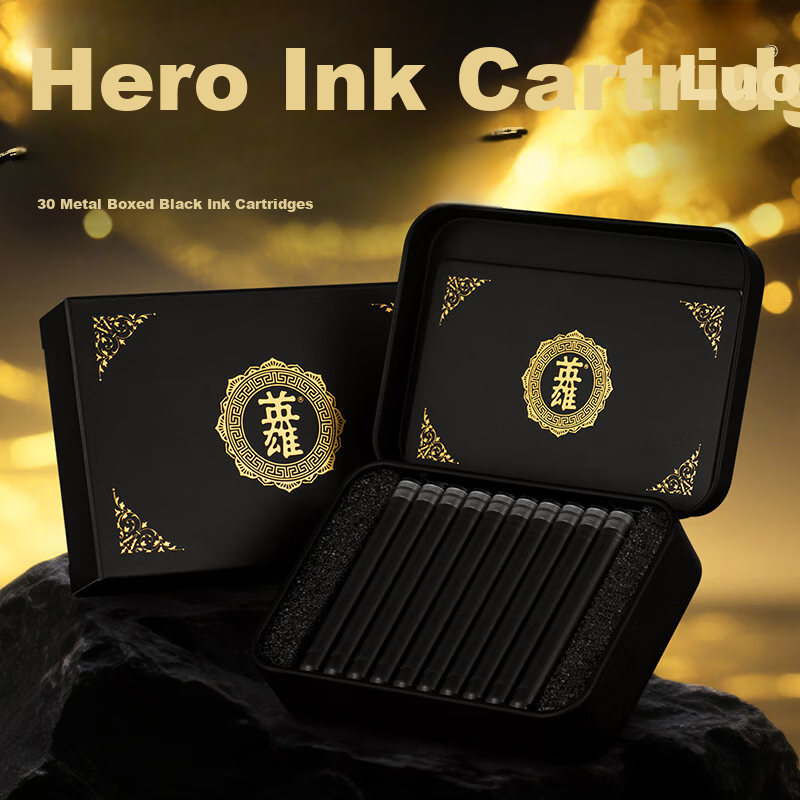 HERO High-Grade Fountain Pen Ink Cartridges 2.6mm Diameter Ink Refills 30pcs Metal Box Black