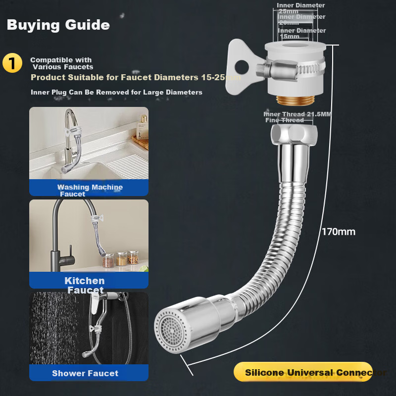 Yiliang Faucet Extender Nozzle Universal Kitchen Adapter Extension Flexible Hose Swivel Pressure Boost Splash-Proof Head 1