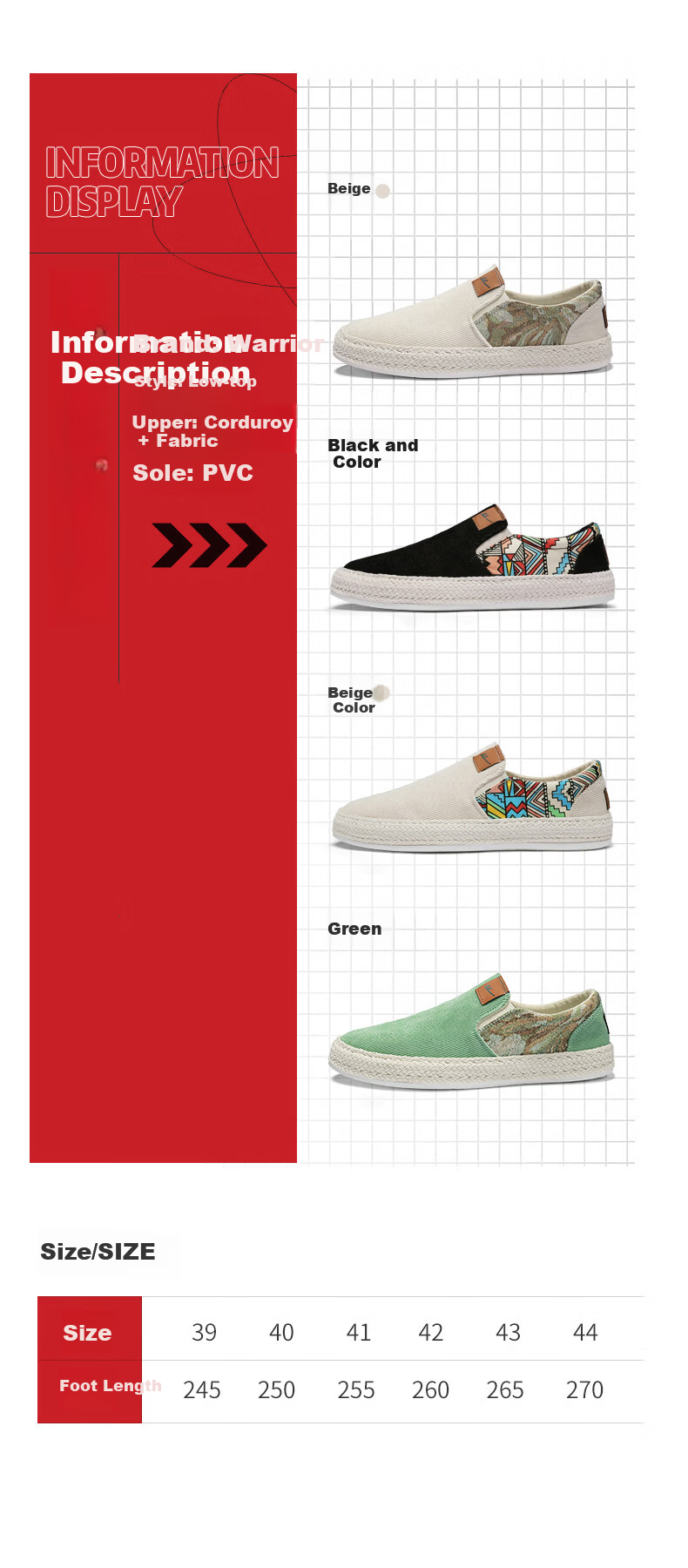 Warrior Men's Spring Slip-On Canvas Shoes Ultra-Light Soft Sole Traditional Print Fashion Versatile Canvas Shoes Black Color Size 44 2