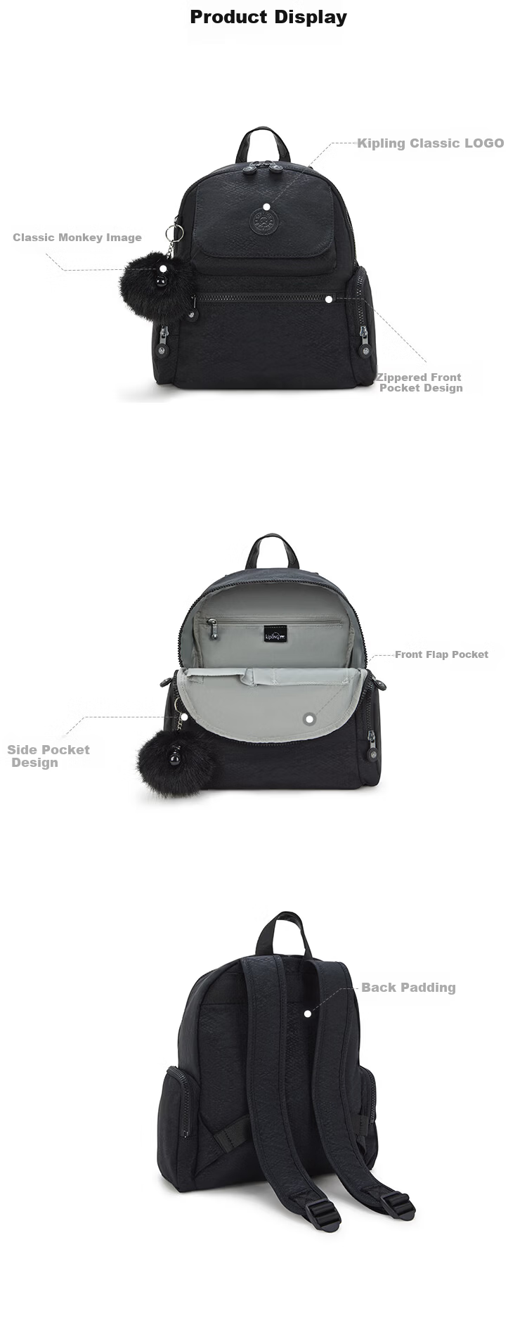 Kipling 2026 Spring Summer Large Capacity Student Backpack Multi-Compartment Shoulder Bag Monkey Bag MATTA Black Base Birthday Gift 1