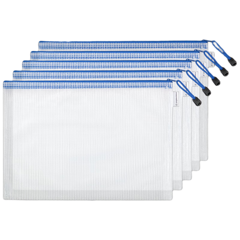 Kingdee A4 Grid Zipper Pouches, Pack of 5, Transparent Document Folders, Subject Classification Bags, Office Supplies, Waterproof File Protectors