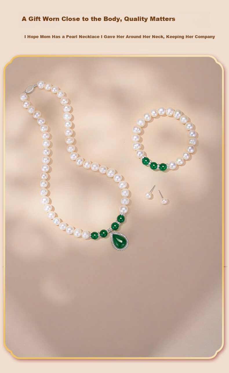 Kovny Selected Green Chalcedony Vintage Elegant Pearl Necklace Bracelet Earrings Three-Piece Set Birthday Gift for Mom 7