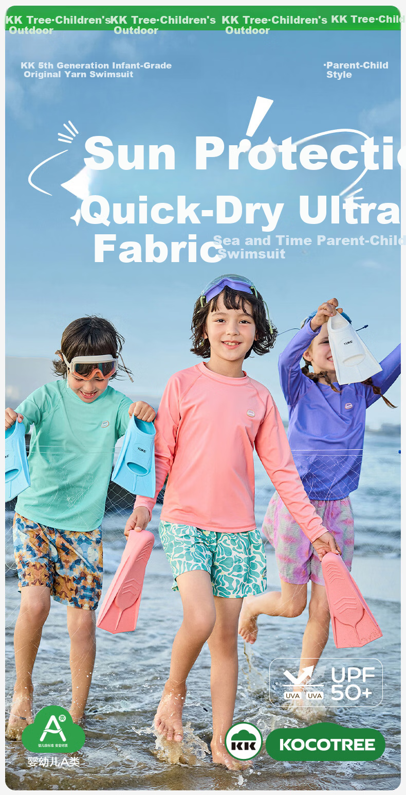 Kocotree KK Tree Kids Swimwear Original Yarn Sun Protection Long Sleeve Two-Piece Swimsuit for Boys and Girls, Durable for Thousands of Water Soaks, Parent-Child Style 2