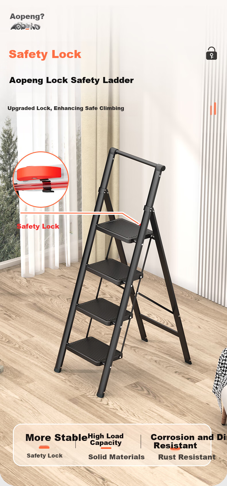 Aopeng Household Ladder Three-Step Folding Ladder Indoor Multifunctional Staircase Thickened A-Frame Single-Side Engineering Ladder 1