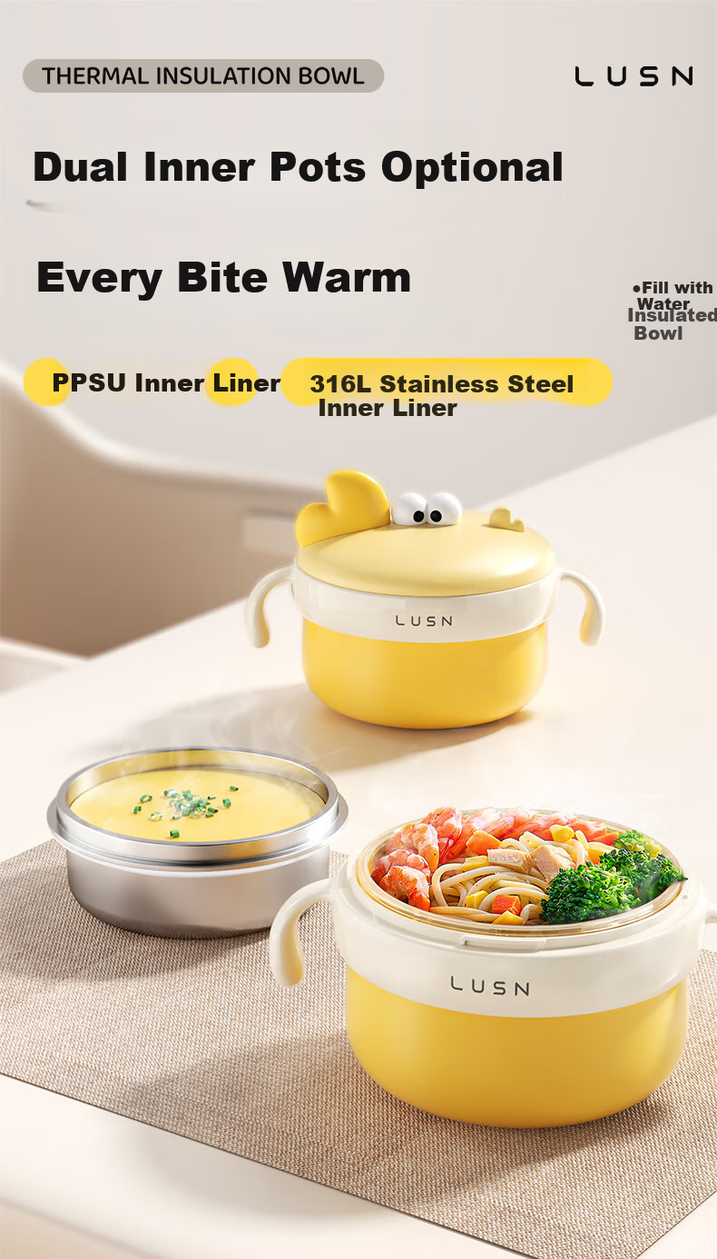 LUSN Stainless Steel Baby Feeding Bowl Anti-Drop Temperature-Controlled Children's Tableware Insulated Water-Filled Lunch Box 1