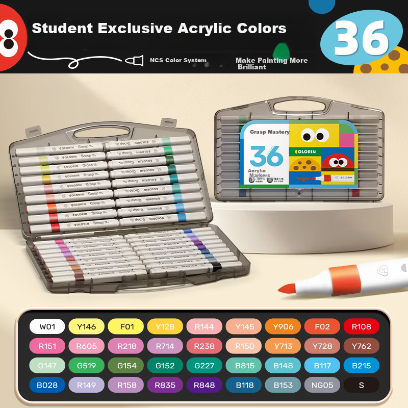 36-Color Hard Tip Acrylic Markers Transparent Gift Box Ergonomic Triangular Thick Barrel Washable Student Kids Paint Pens Highlighter Doodle Hand Drawing Birthday Gift