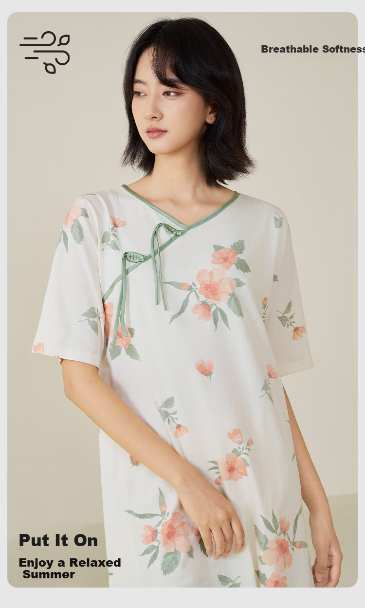 Threegun [Wind Catcher Series] Spring Summer Women's Cotton Short Sleeve Nightdress Homewear Outerwear Traditional Style Dress 2